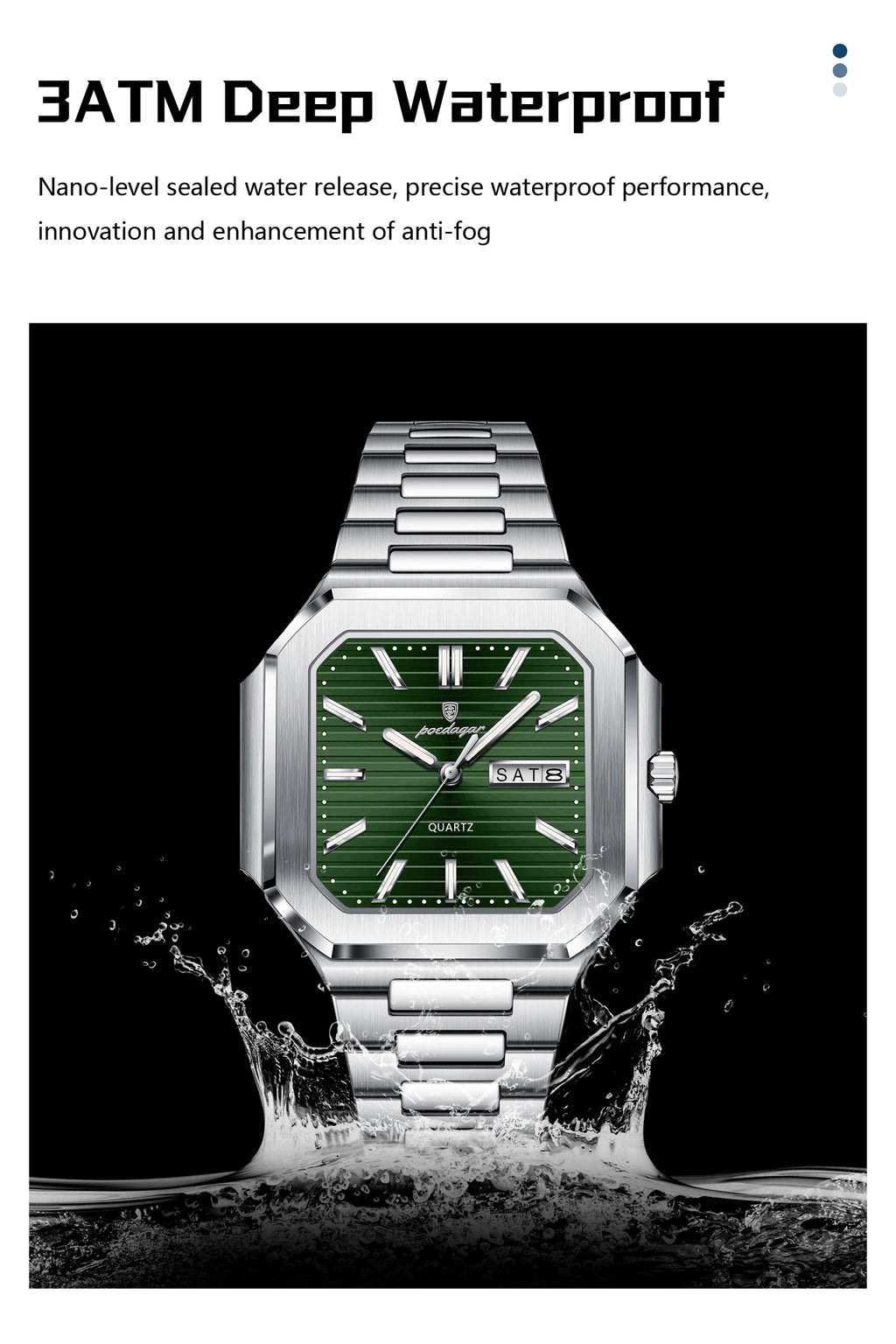 POEDAGAR Luxury Square Male Watch Waterproof Luminous Date Week Quartz Watches For Men Stainless Steel Fashion Men's Clock Reloj