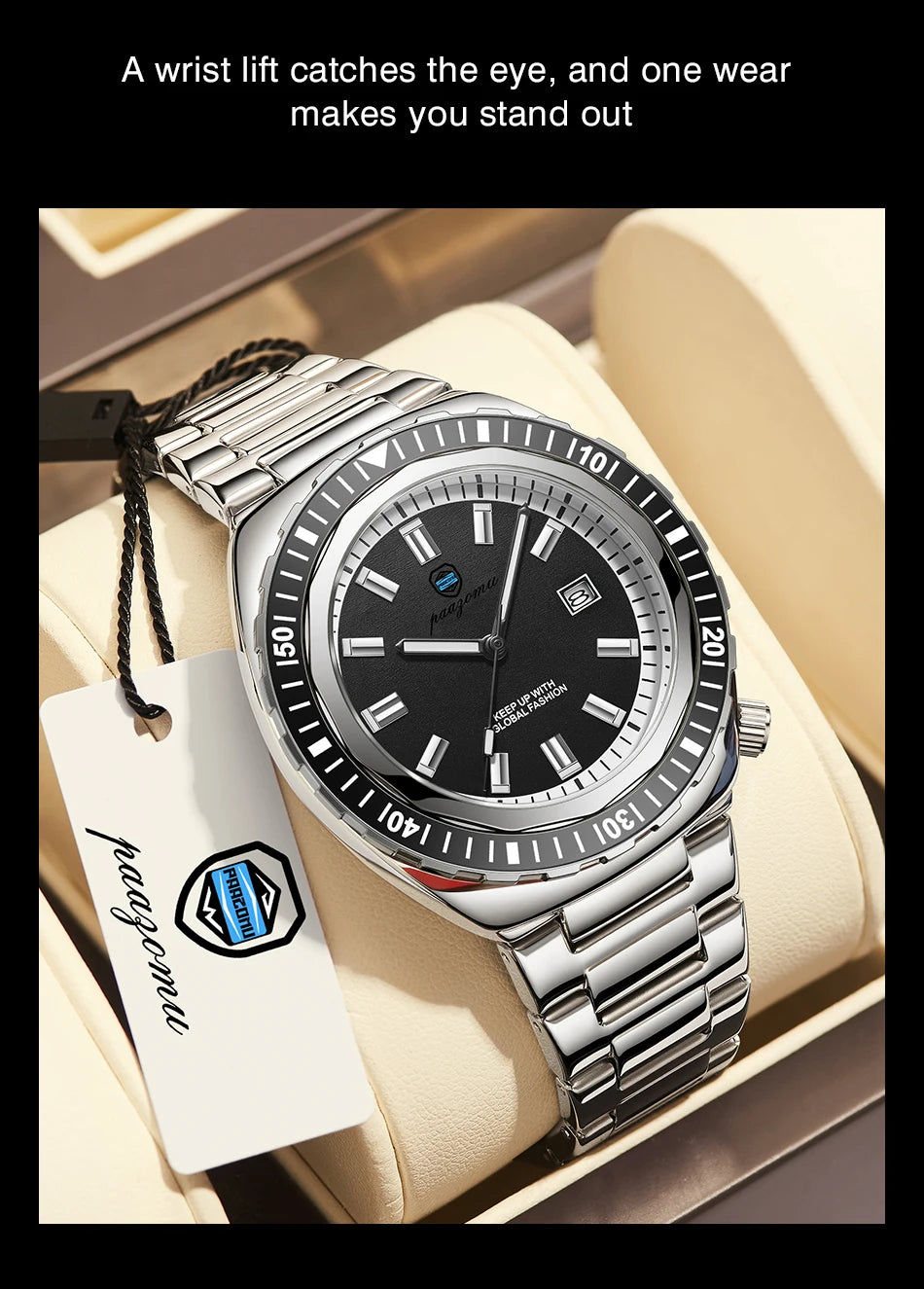 PAAZOMU Fashion Diving Watch Men's Stainless Steel Bracelet Blue Bezel Quartz Watch Calendar Luminous Hands Men's Watches Reloj