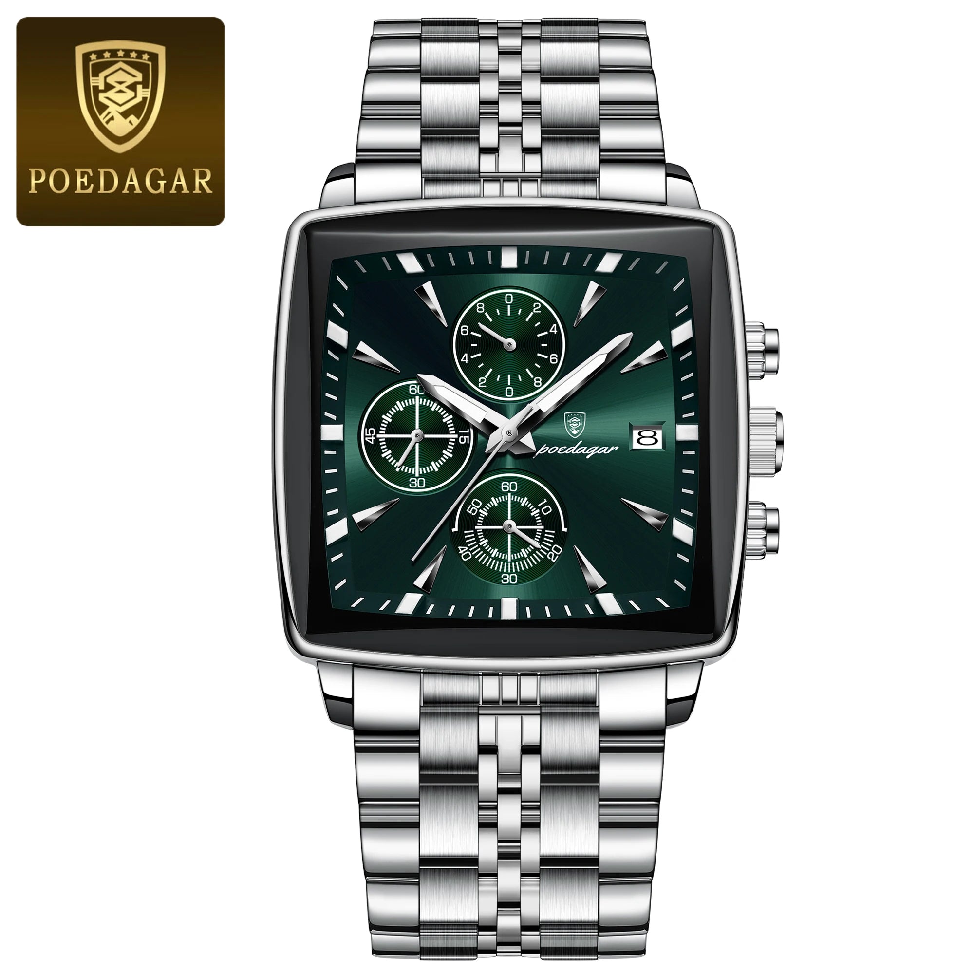 Montre Chronographe Carrée Lumineuse pour Homme en Acier Inoxydable