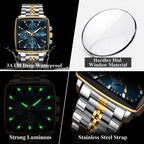 Montre Chronographe Carrée Lumineuse pour Homme en Acier Inoxydable