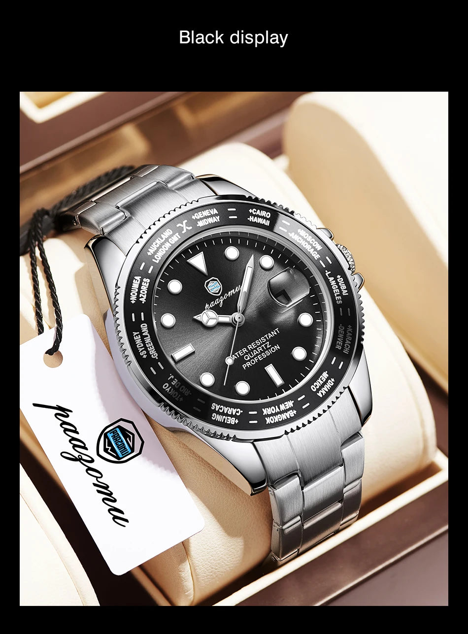 PAAZOMU Luxury Sport  Men Clock Quartz Date Week Man Original Wristwatch Waterproof Luminous Stainless Steel Men's Watches Reloj