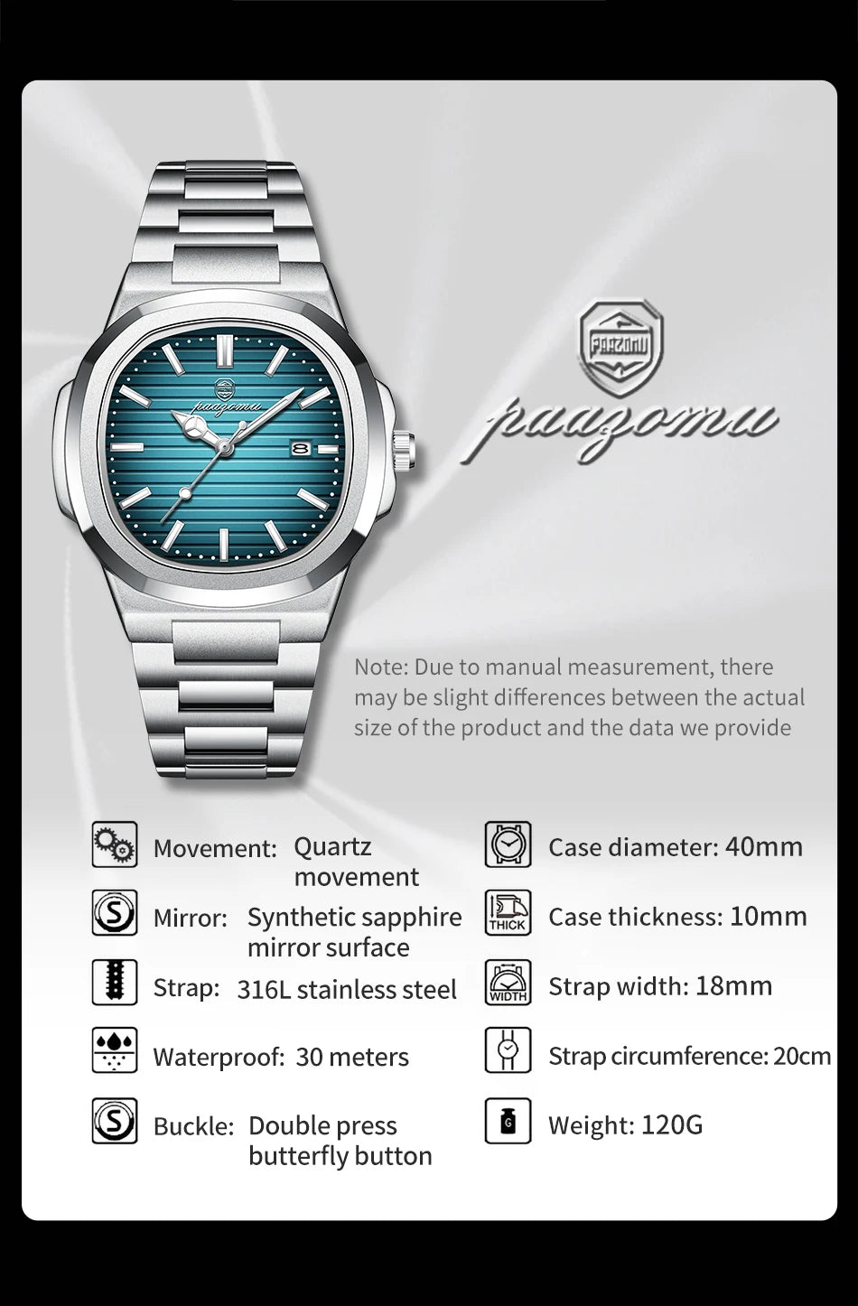 PAAZOMU Trend Men's Watches Classic Fashion Original Quartz Watch for Man Square Dial Waterproof Luminous Date Wristwatch Reloj