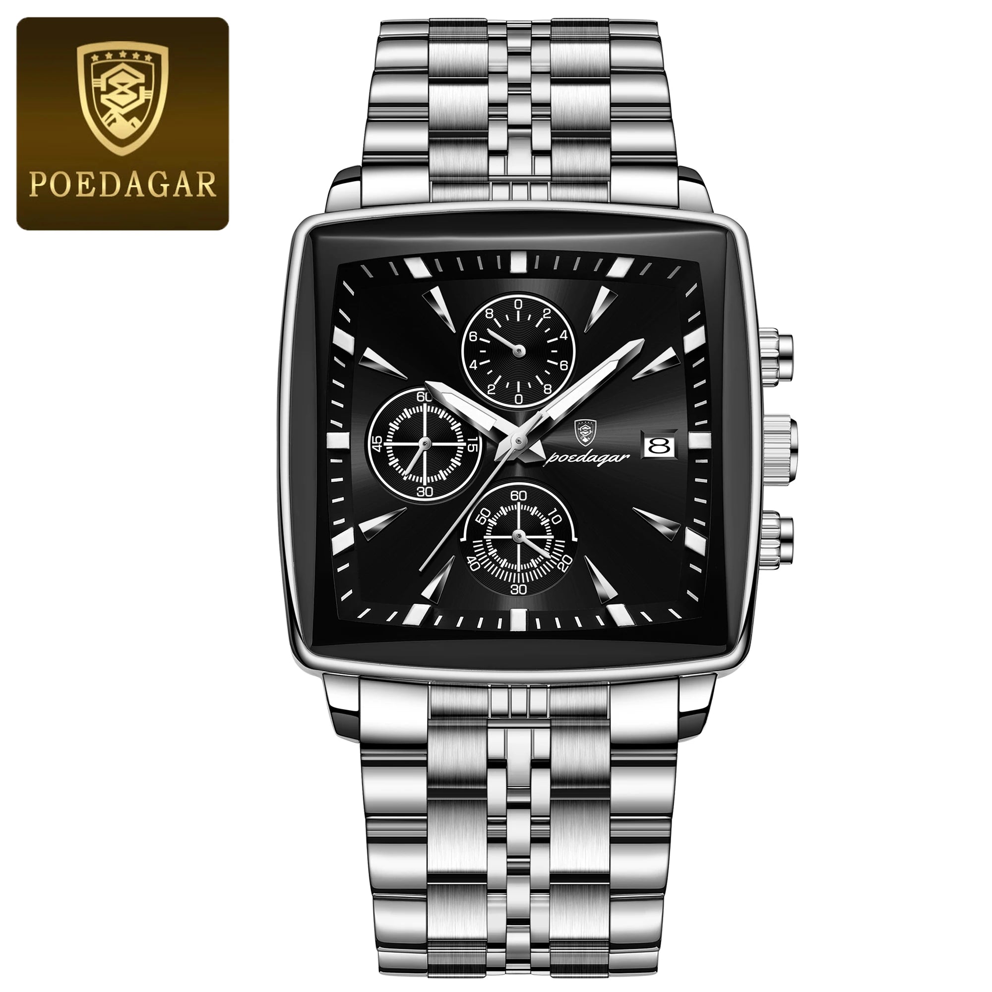 Montre Chronographe Carrée Lumineuse pour Homme en Acier Inoxydable