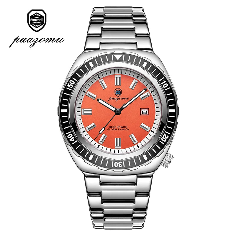 PAAZOMU Fashion Diving Watch Men's Stainless Steel Bracelet Blue Bezel Quartz Watch Calendar Luminous Hands Men's Watches Reloj