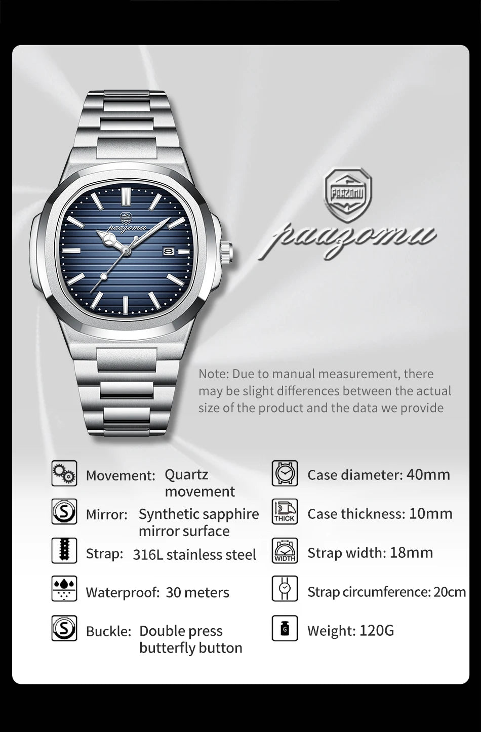 PAAZOMU Business Men Square Watch Rose Gold Leather Quartz Watch Date Display Luxury Formal Men's Waterproof Watch +Box Reloj