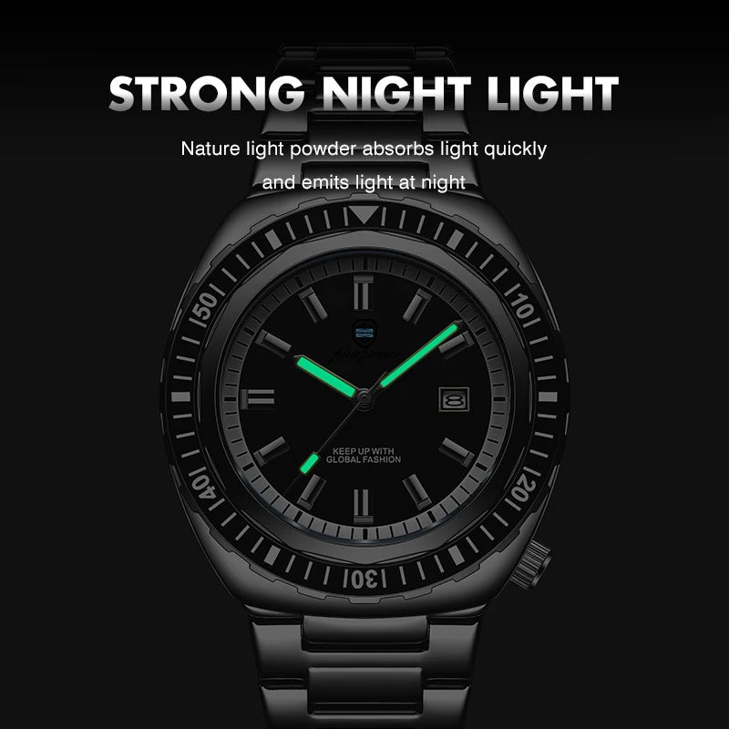 PAAZOMU Fashion Diving Watch Men's Stainless Steel Bracelet Blue Bezel Quartz Watch Calendar Luminous Hands Men's Watches Reloj