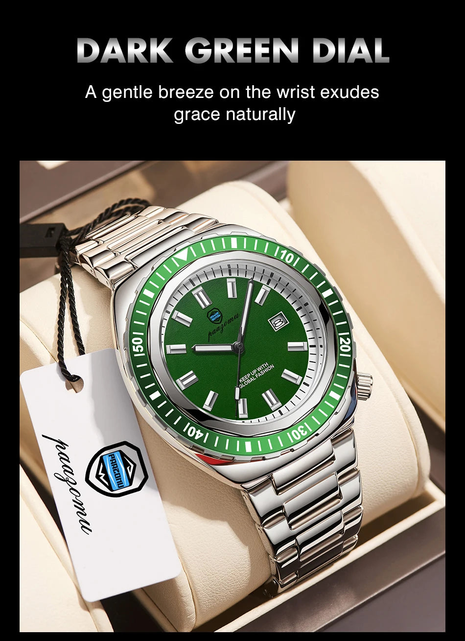 PAAZOMU Fashion Diving Watch Men's Stainless Steel Bracelet Blue Bezel Quartz Watch Calendar Luminous Hands Men's Watches Reloj
