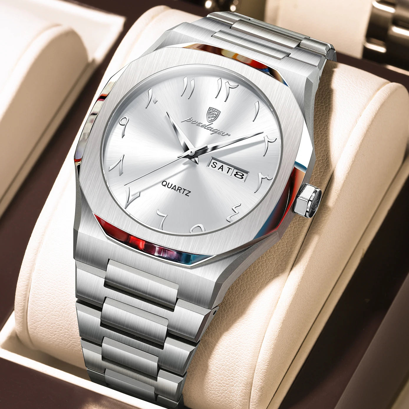 Montre militaire en acier inoxydable pour homme avec affichage du jour de la semaine
