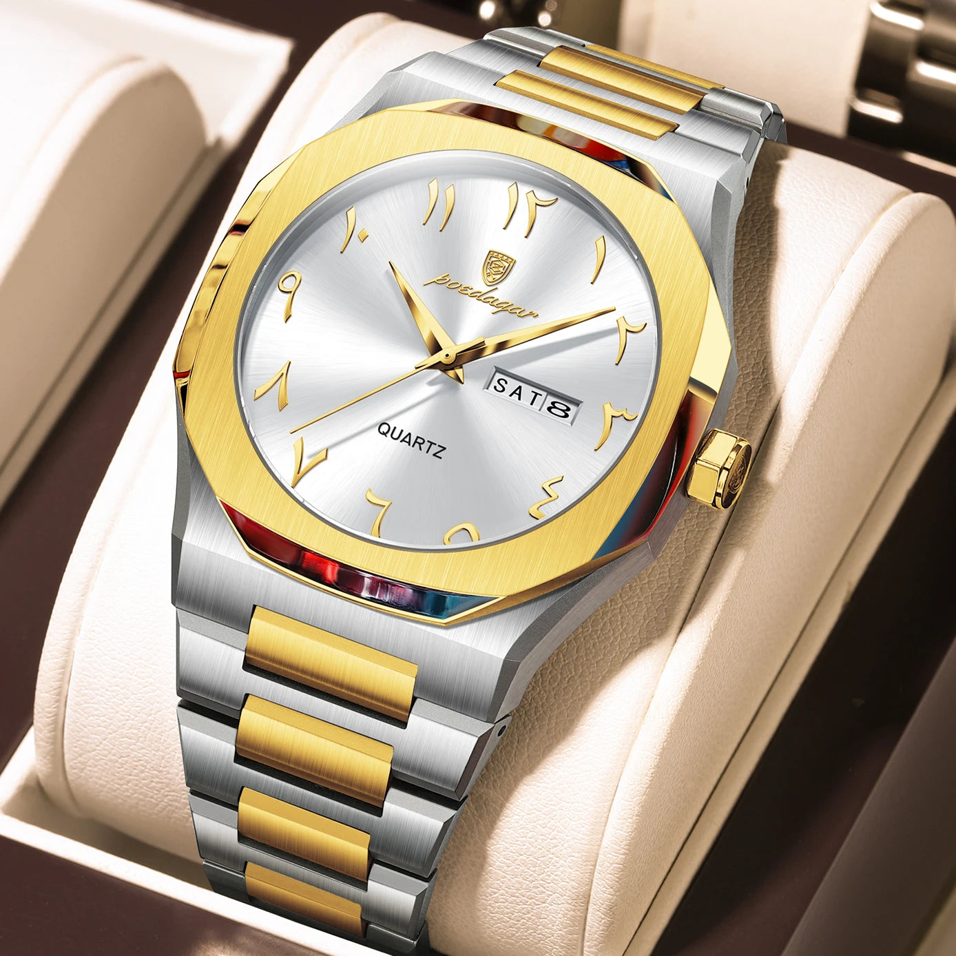 Montre militaire en acier inoxydable pour homme avec affichage du jour de la semaine