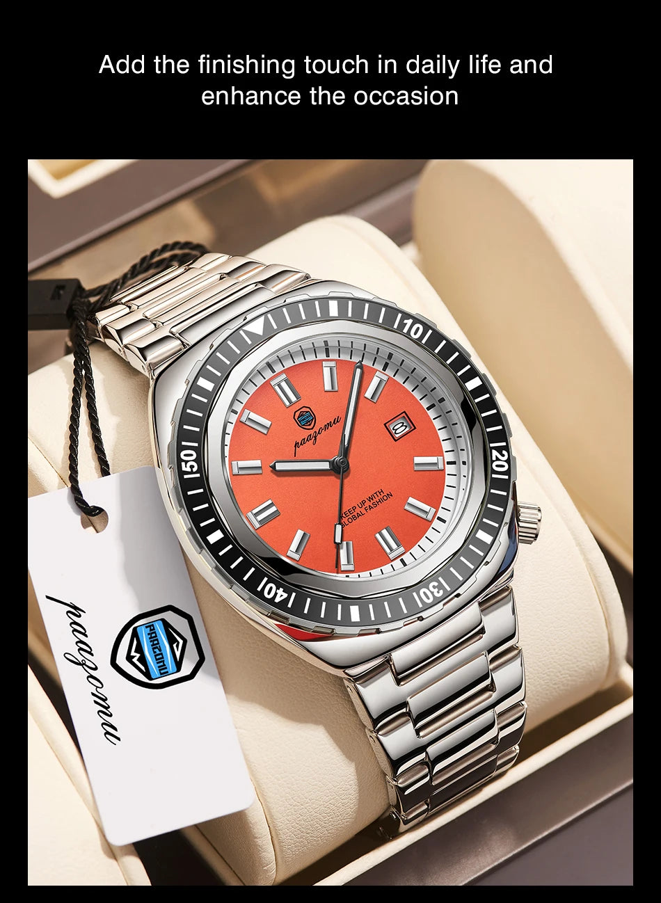 PAAZOMU Fashion Diving Watch Men's Stainless Steel Bracelet Blue Bezel Quartz Watch Calendar Luminous Hands Men's Watches Reloj