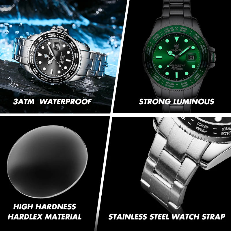 PAAZOMU Luxury Sport  Men Clock Quartz Date Week Man Original Wristwatch Waterproof Luminous Stainless Steel Men's Watches Reloj