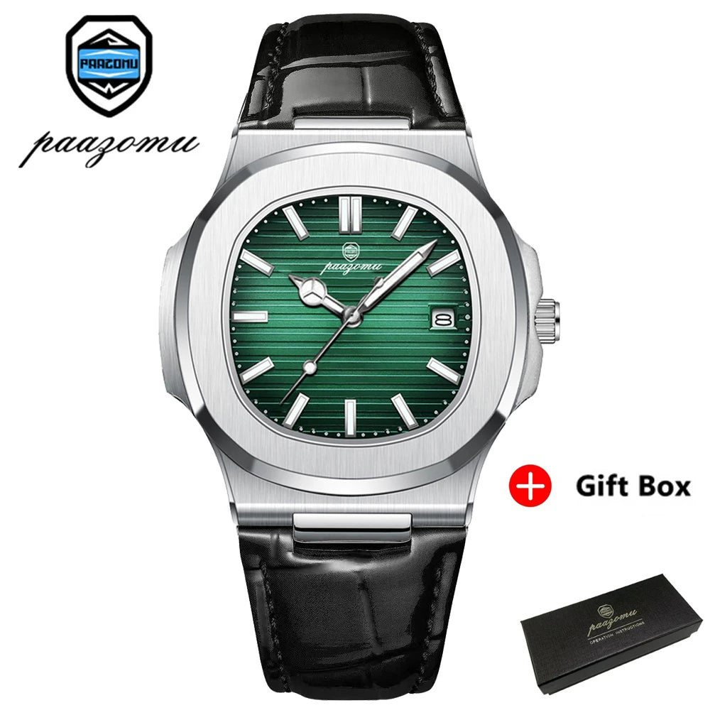 PAAZOMU Business Men Square Watch Rose Gold Leather Quartz Watch Date Display Luxury Formal Men's Waterproof Watch +Box Reloj