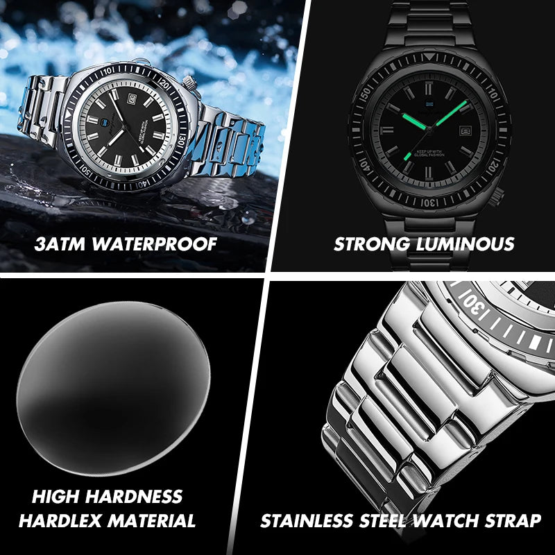 PAAZOMU Fashion Diving Watch Men's Stainless Steel Bracelet Blue Bezel Quartz Watch Calendar Luminous Hands Men's Watches Reloj