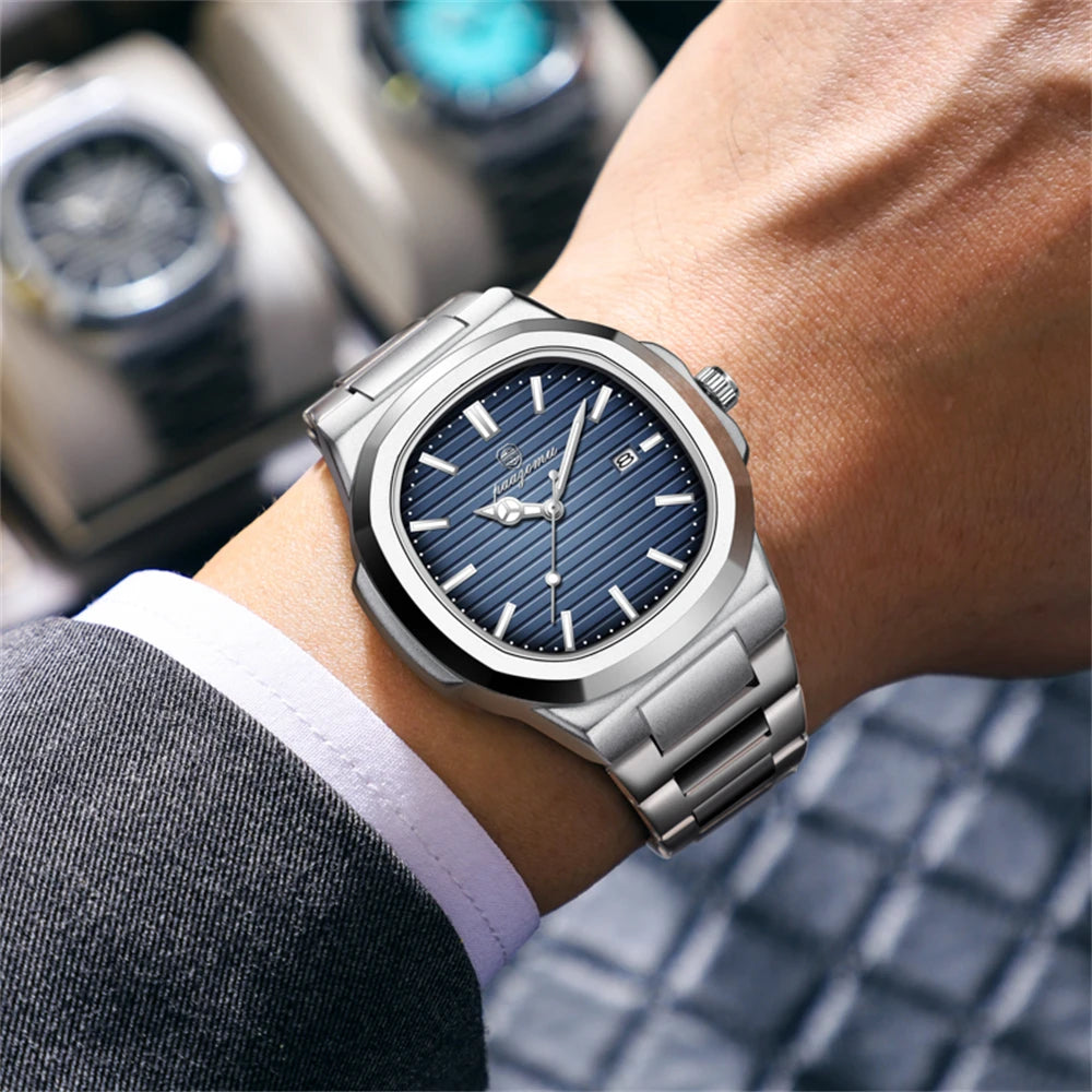 PAAZOMU Top Fashion Square Men Clock Stainless Steel Waterproof Luminous Date Exquisite Male Wristwatch Quartz Watches For Men