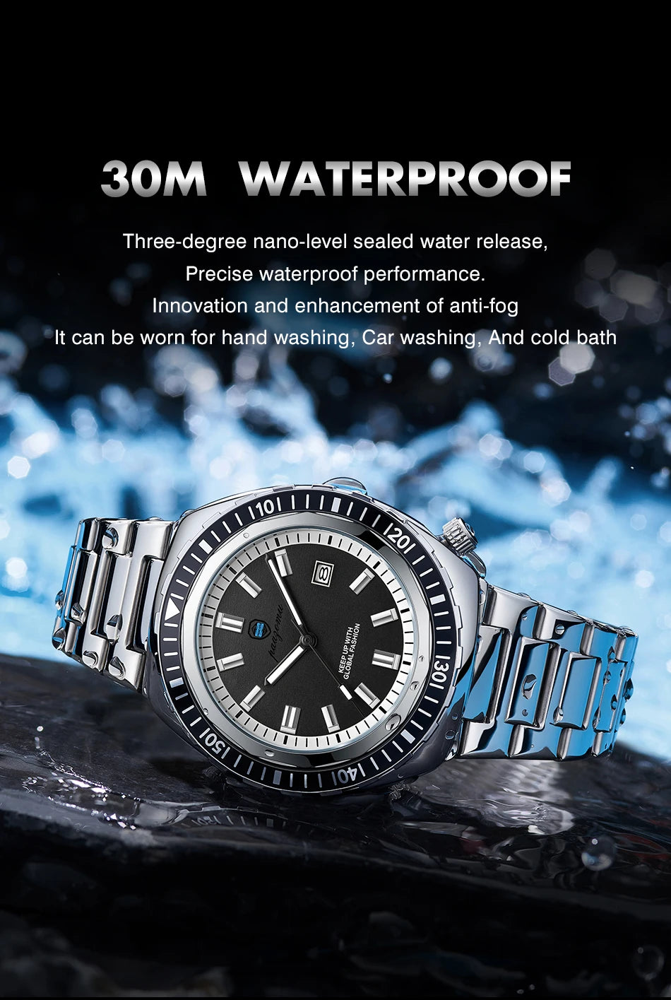 PAAZOMU Fashion Diving Watch Men's Stainless Steel Bracelet Blue Bezel Quartz Watch Calendar Luminous Hands Men's Watches Reloj