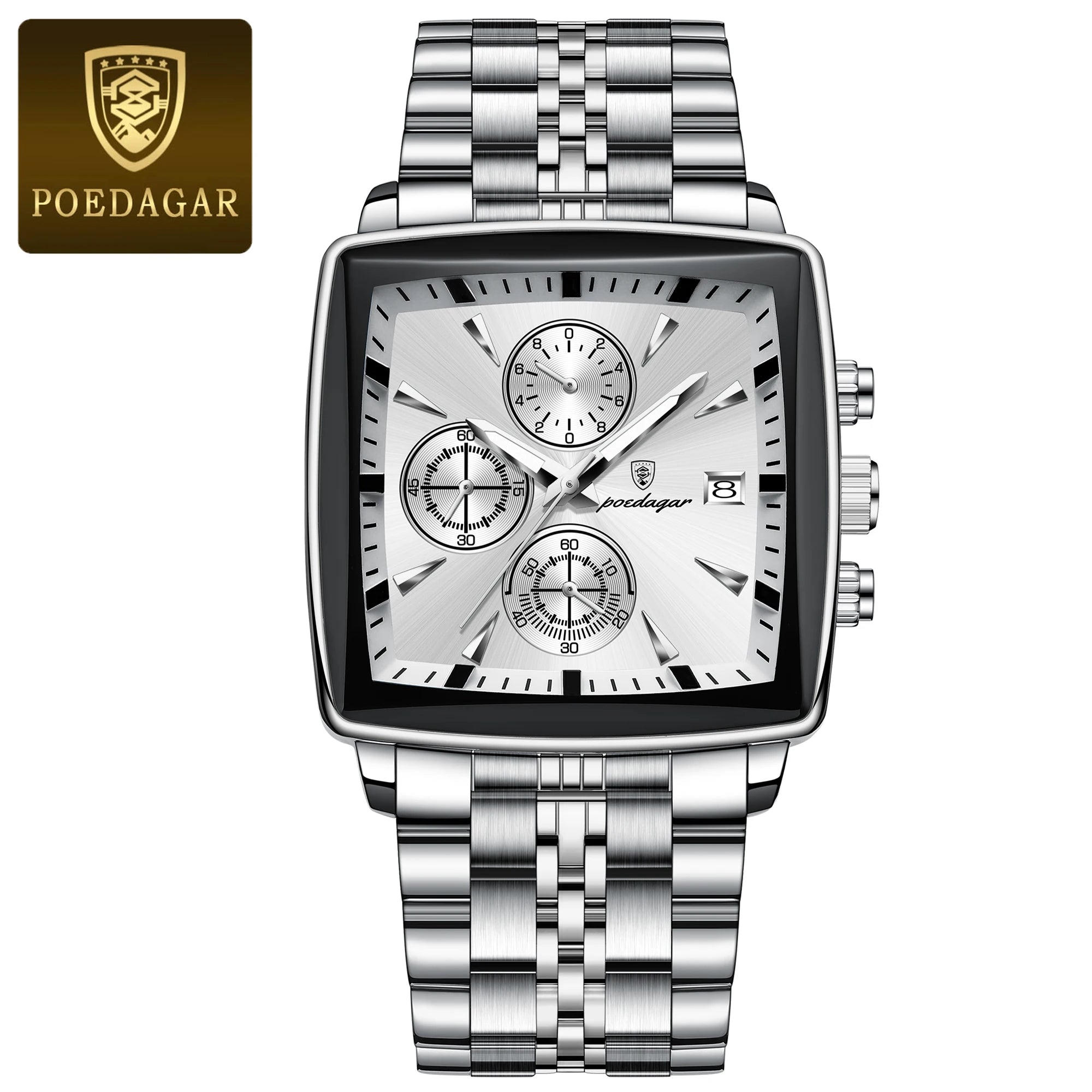 Montre Chronographe Carrée Lumineuse pour Homme en Acier Inoxydable