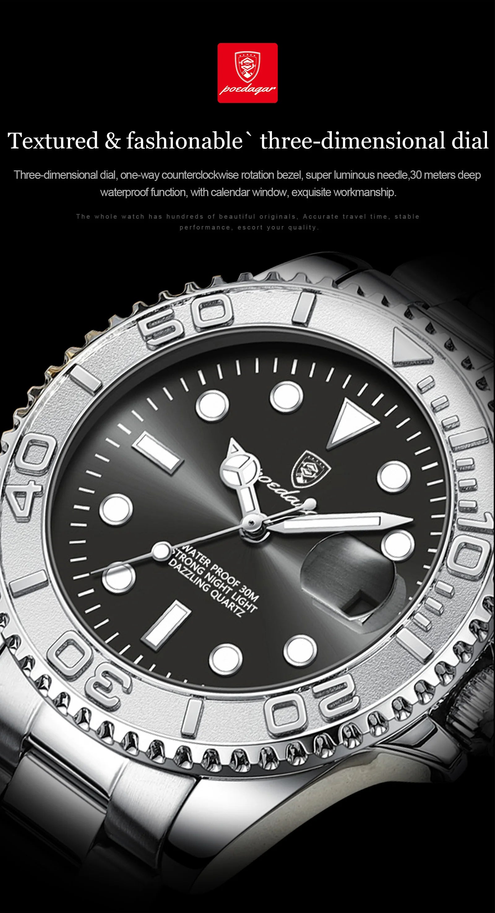 POEDAGAR Top Luxury Male Watch Waterproof Luminous Date Men Watch Stainless Steel Male Clock Sport Fashion Men's Quartz Watches