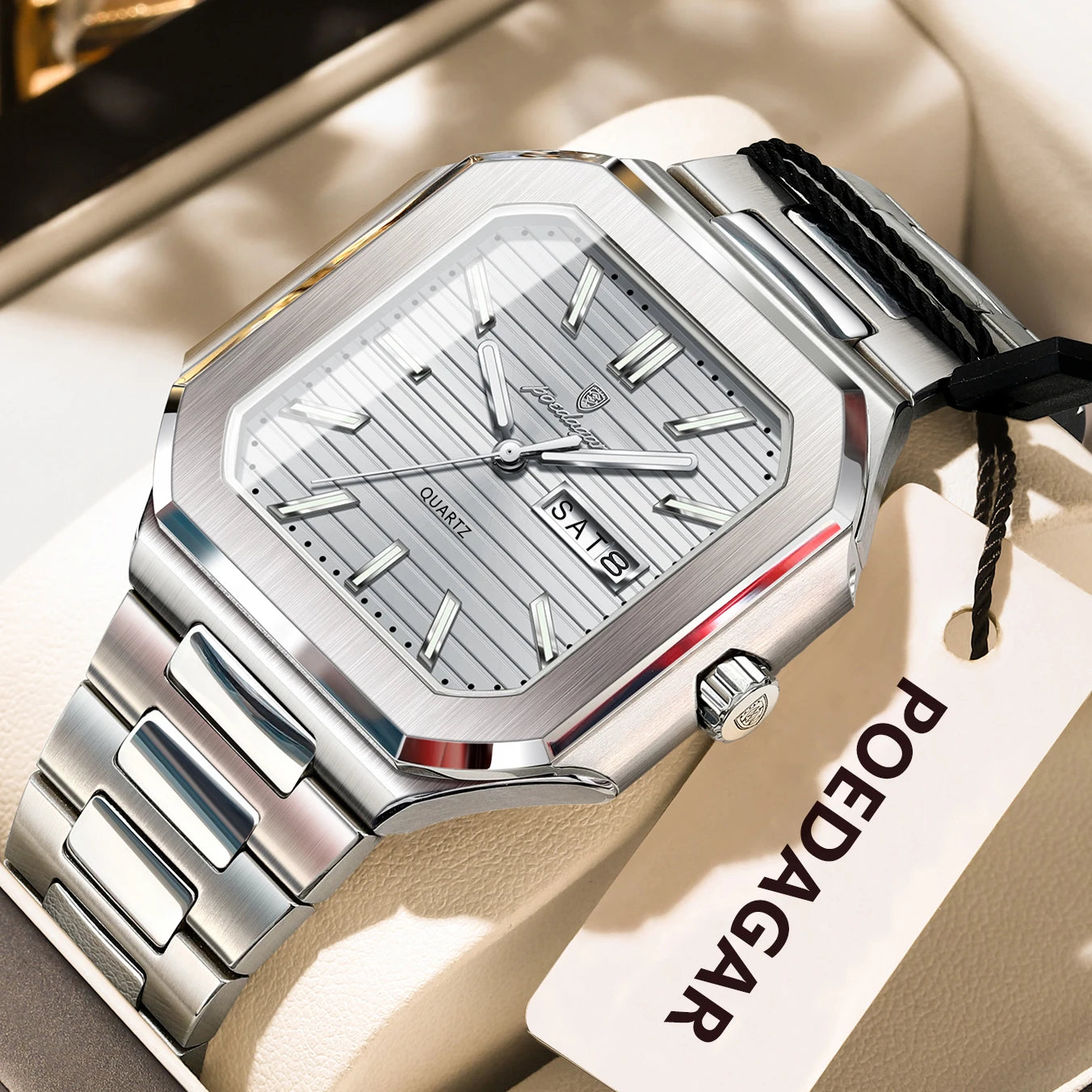 Montre carrée en acier inoxydable pour homme – Lumineuse et étanche
