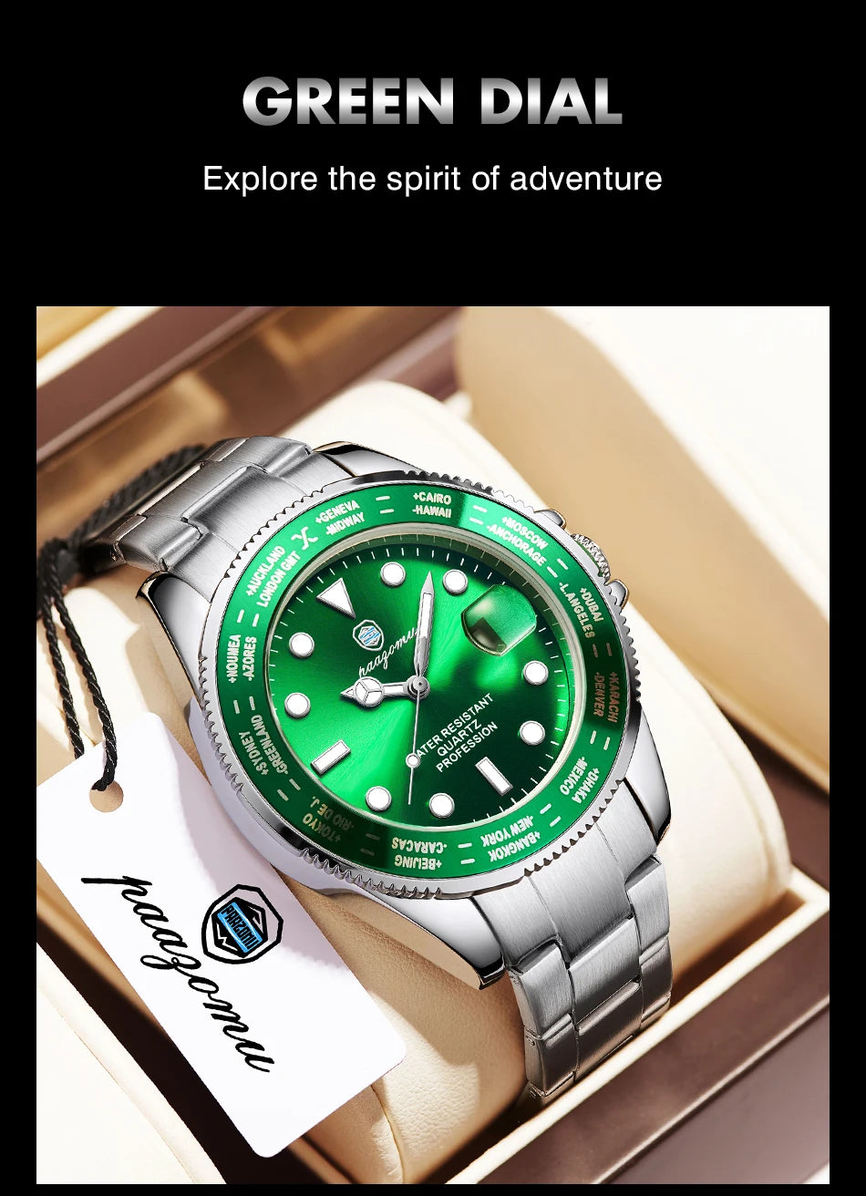 PAAZOMU Luxury Sport  Men Clock Quartz Date Week Man Original Wristwatch Waterproof Luminous Stainless Steel Men's Watches Reloj
