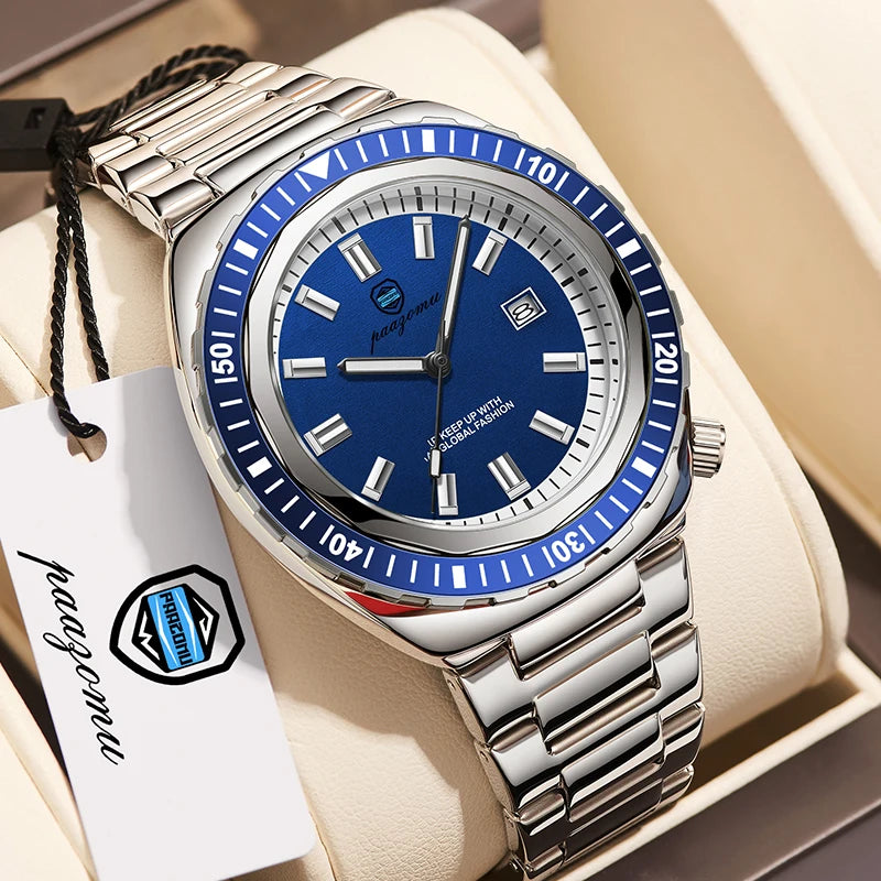 PAAZOMU Fashion Diving Watch Men's Stainless Steel Bracelet Blue Bezel Quartz Watch Calendar Luminous Hands Men's Watches Reloj