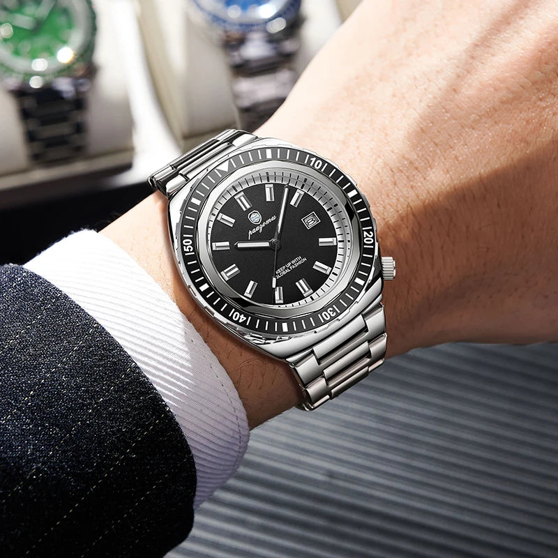 PAAZOMU Fashion Diving Watch Men's Stainless Steel Bracelet Blue Bezel Quartz Watch Calendar Luminous Hands Men's Watches Reloj