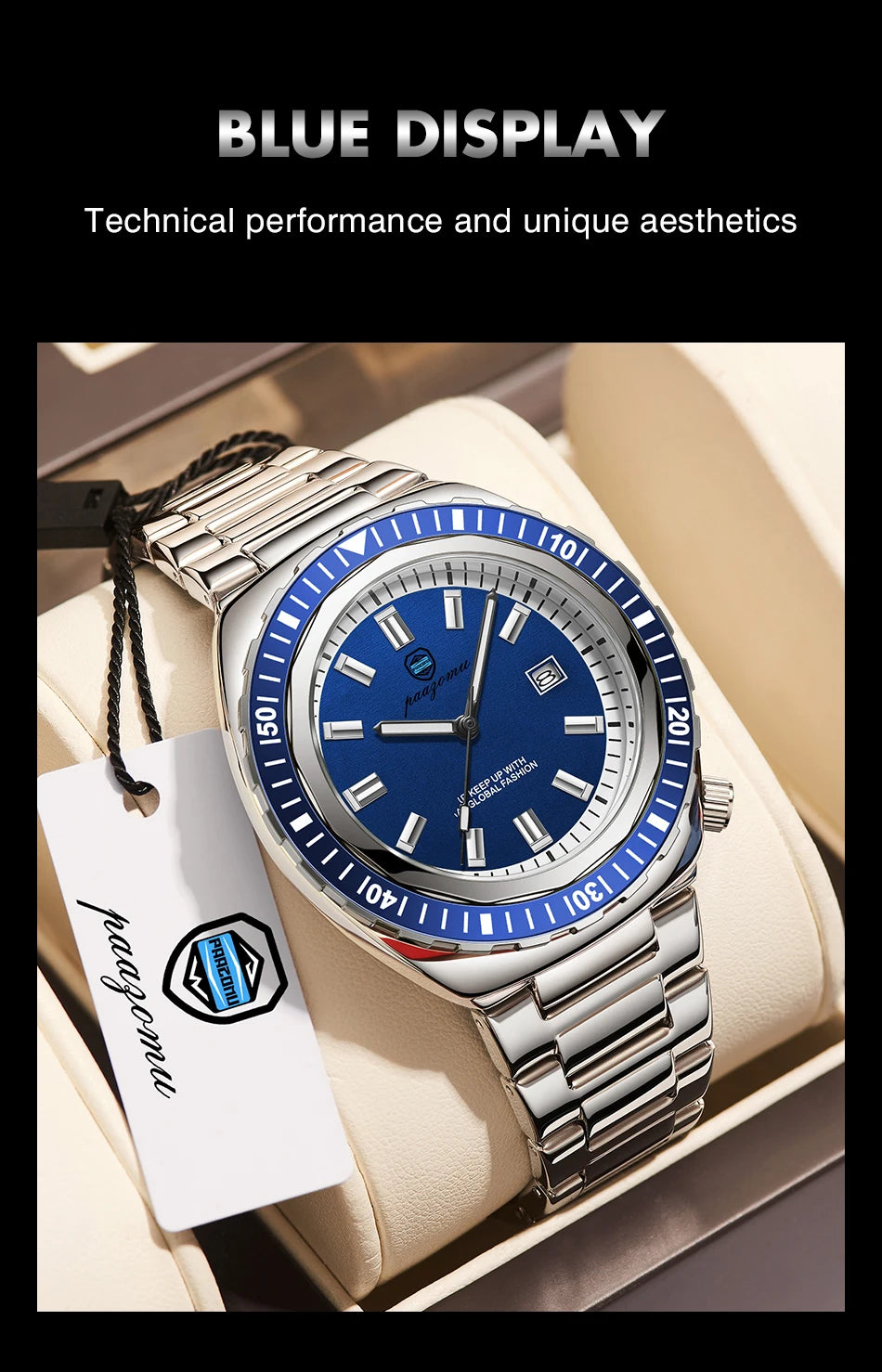 PAAZOMU Fashion Diving Watch Men's Stainless Steel Bracelet Blue Bezel Quartz Watch Calendar Luminous Hands Men's Watches Reloj