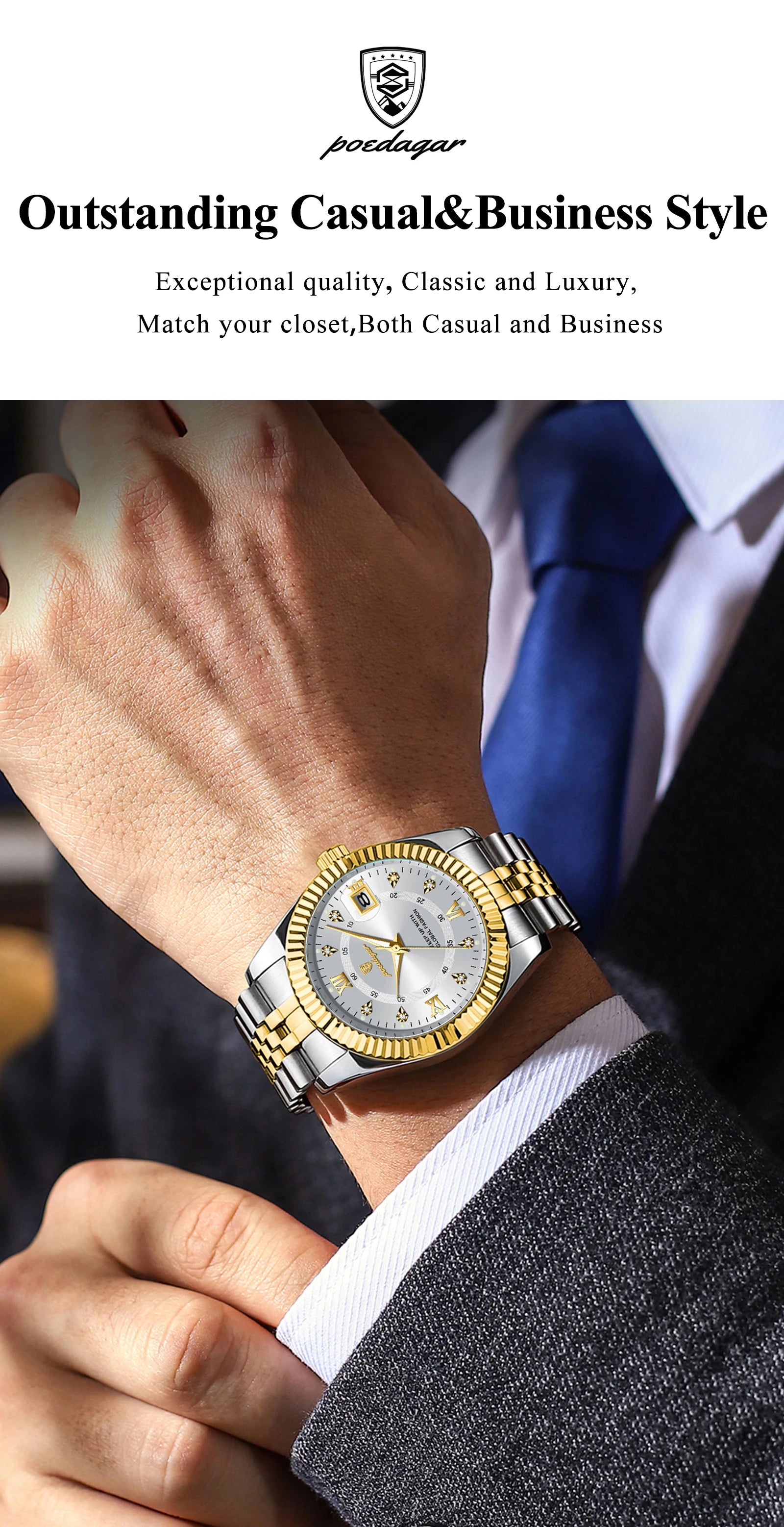 POEDAGAR Trendy Business Men Watch Waterproof Stainless Steel Luminous Original Classic Man Watches Date Quartz Men's Wristwatch