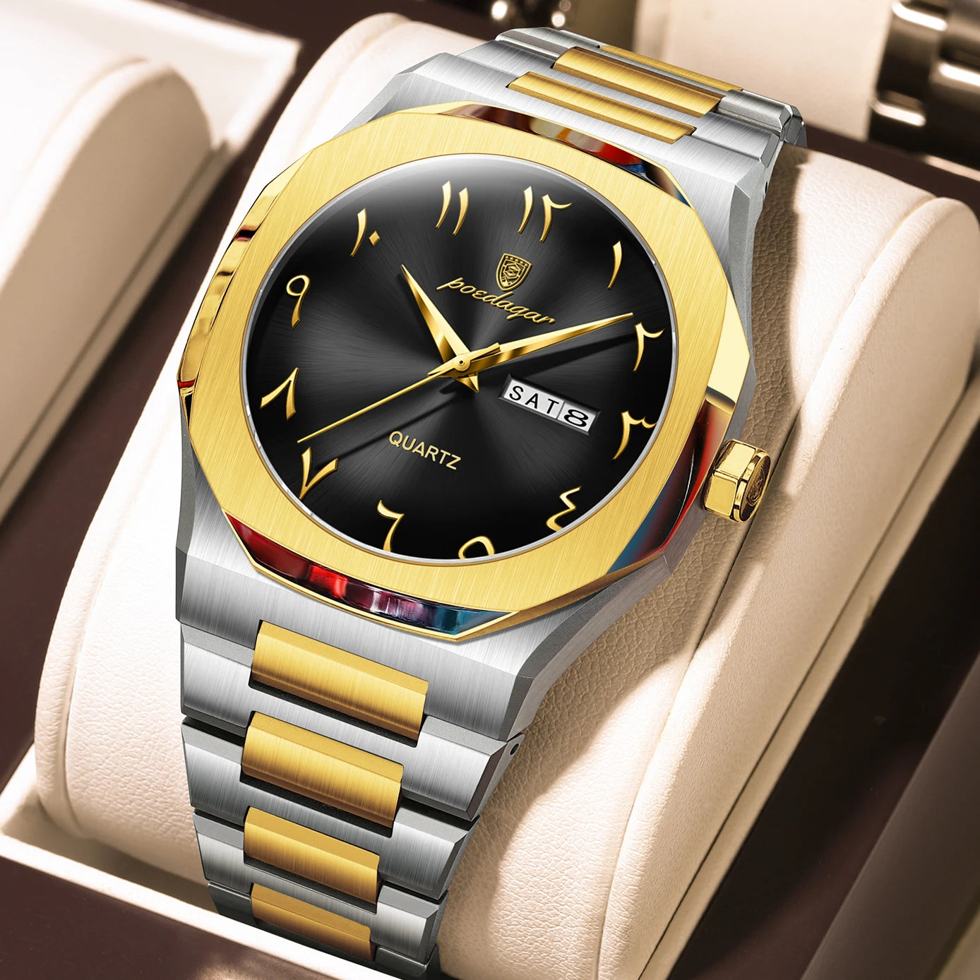 Montre militaire en acier inoxydable pour homme avec affichage du jour de la semaine