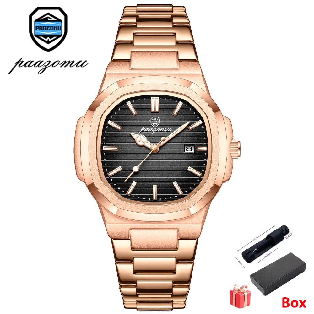 PAAZOMU Trend Men's Watches Classic Fashion Original Quartz Watch for Man Square Dial Waterproof Luminous Date Wristwatch Reloj