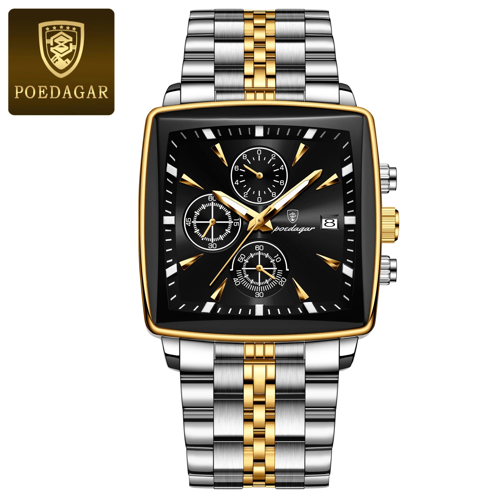 Montre Chronographe Carrée Lumineuse pour Homme en Acier Inoxydable