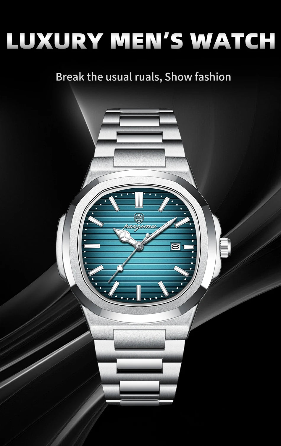 PAAZOMU Top Fashion Square Men Clock Stainless Steel Waterproof Luminous Date Exquisite Male Wristwatch Quartz Watches For Men