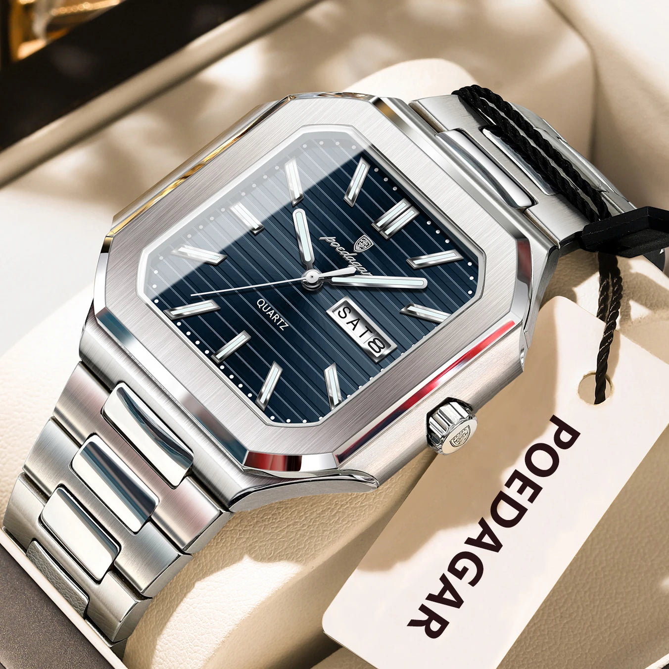 Montre carrée en acier inoxydable pour homme – Lumineuse et étanche