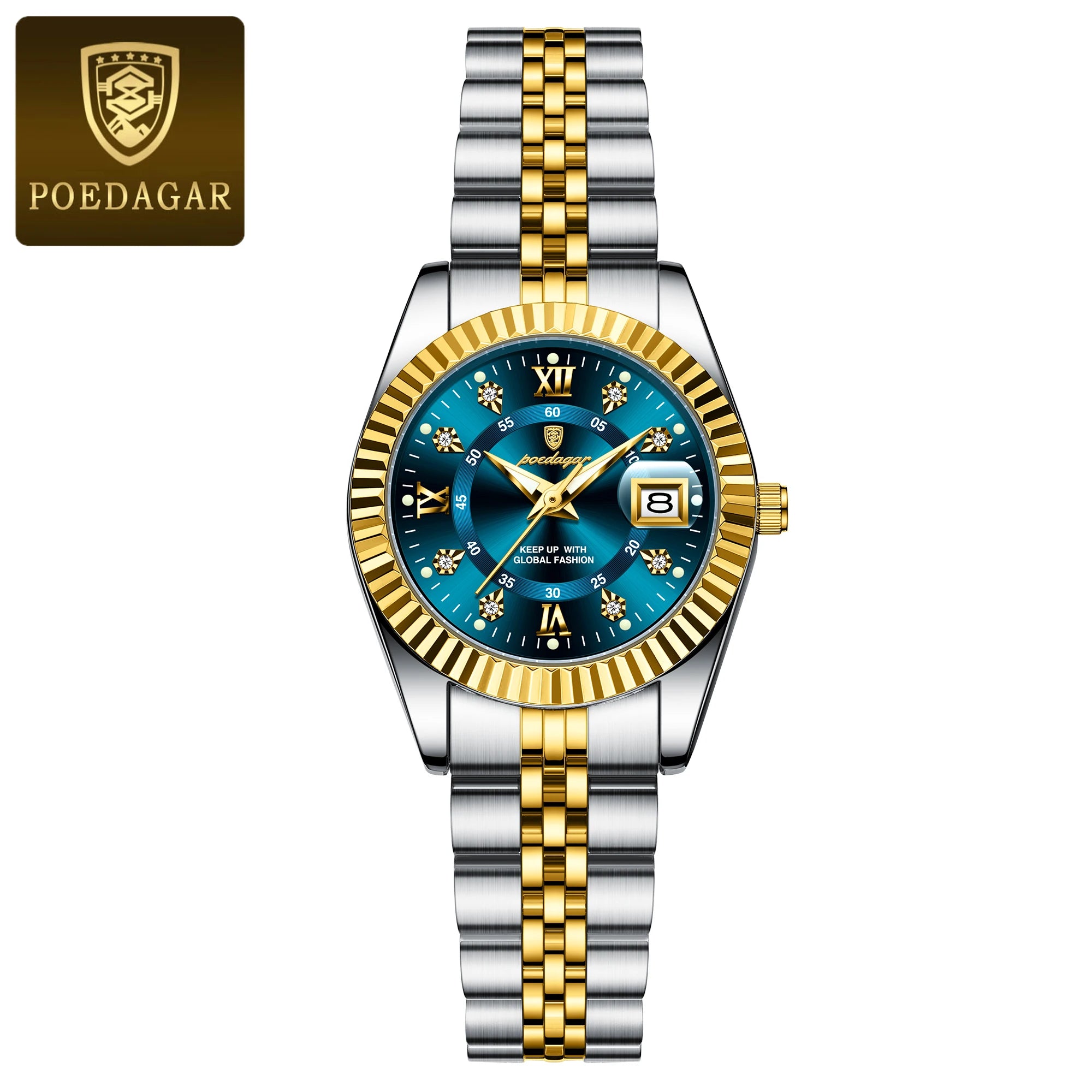 Montre habillée en acier inoxydable pour femme – Date et aiguilles luminescentes