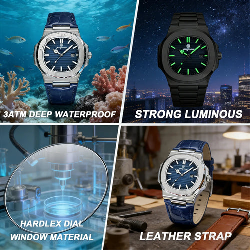 PAAZOMU Business Men Square Watch Rose Gold Leather Quartz Watch Date Display Luxury Formal Men's Waterproof Watch +Box Reloj