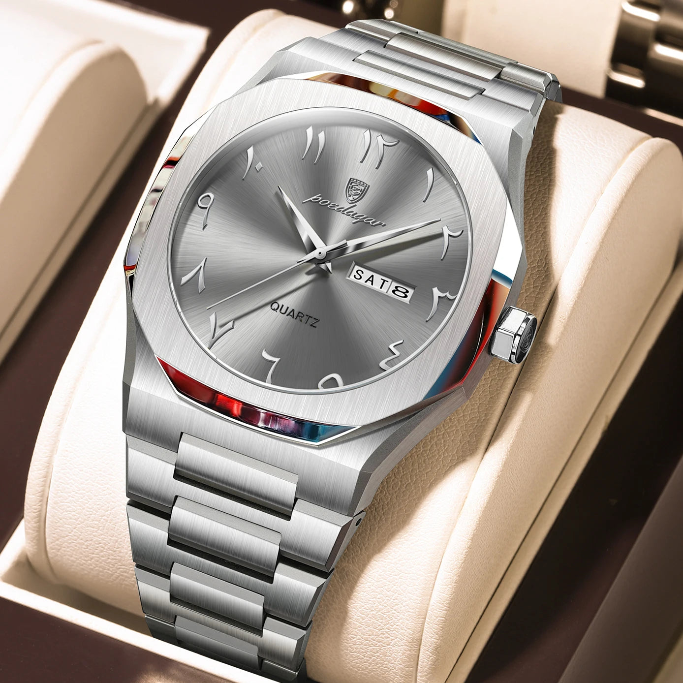 Montre militaire en acier inoxydable pour homme avec affichage du jour de la semaine