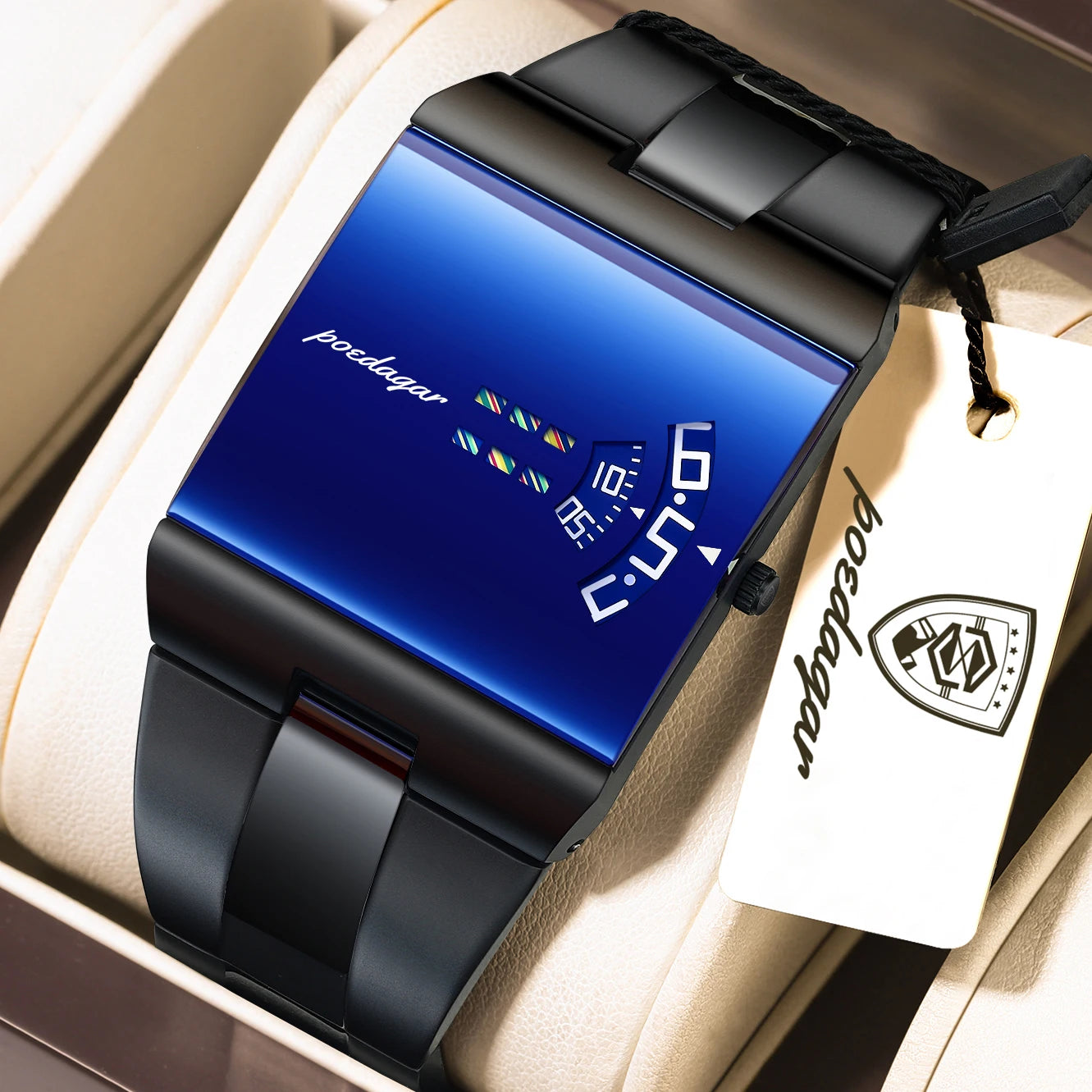 Montre d'affaires rectangulaire pour homme en acier inoxydable à quartz