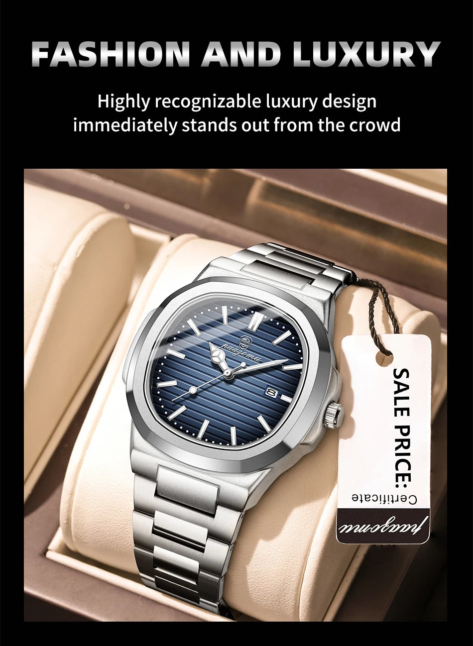 PAAZOMU Business Men Square Watch Rose Gold Leather Quartz Watch Date Display Luxury Formal Men's Waterproof Watch +Box Reloj