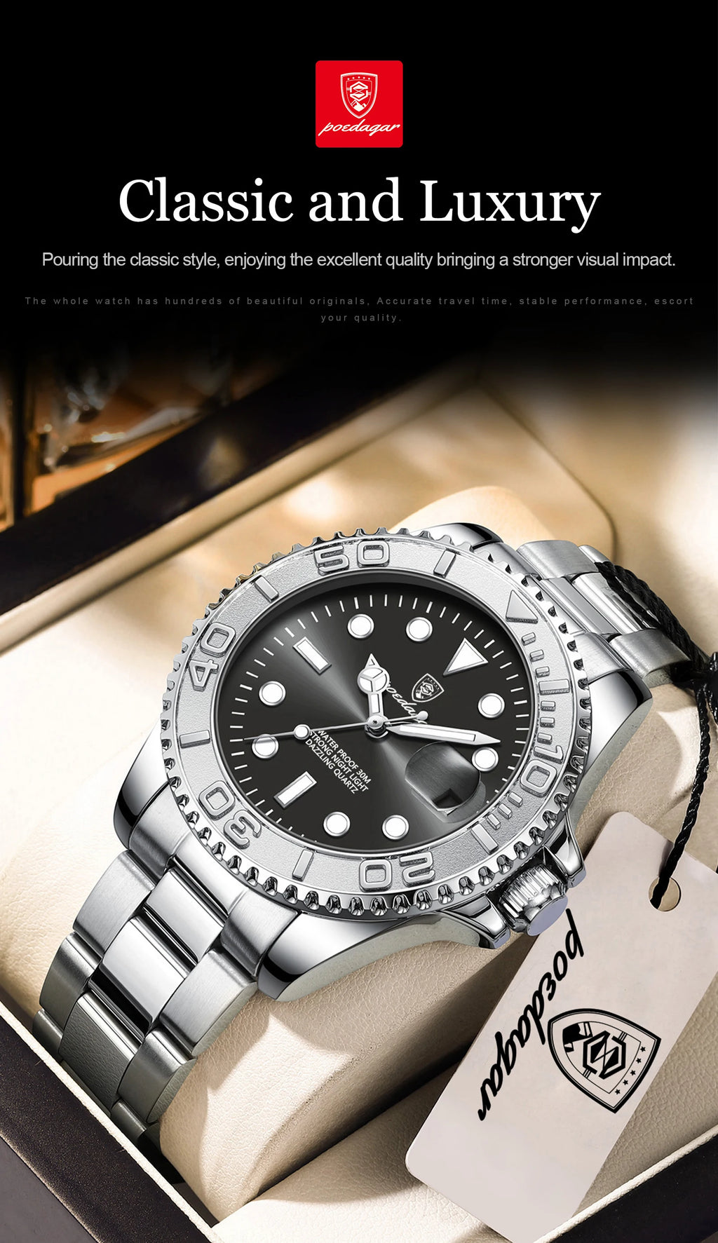 POEDAGAR Top Luxury Male Watch Waterproof Luminous Date Men Watch Stainless Steel Male Clock Sport Fashion Men's Quartz Watches