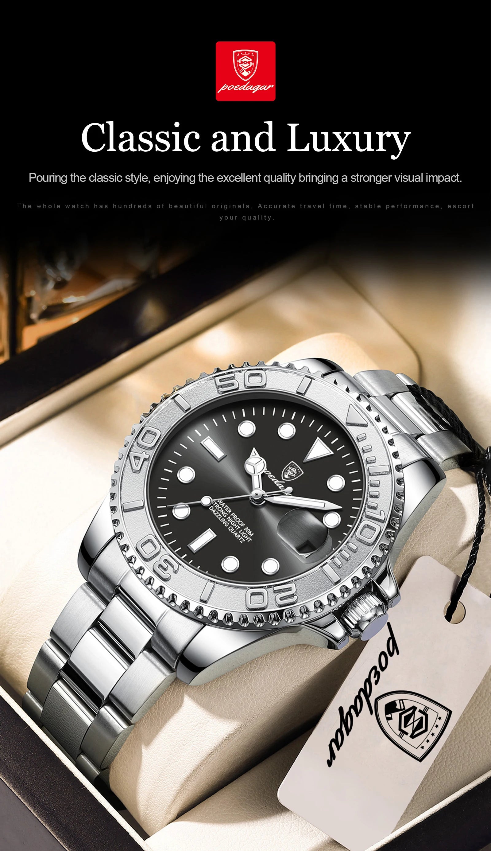 POEDAGAR Top Luxury Male Watch Waterproof Luminous Date Men Watch Stainless Steel Male Clock Sport Fashion Men's Quartz Watches