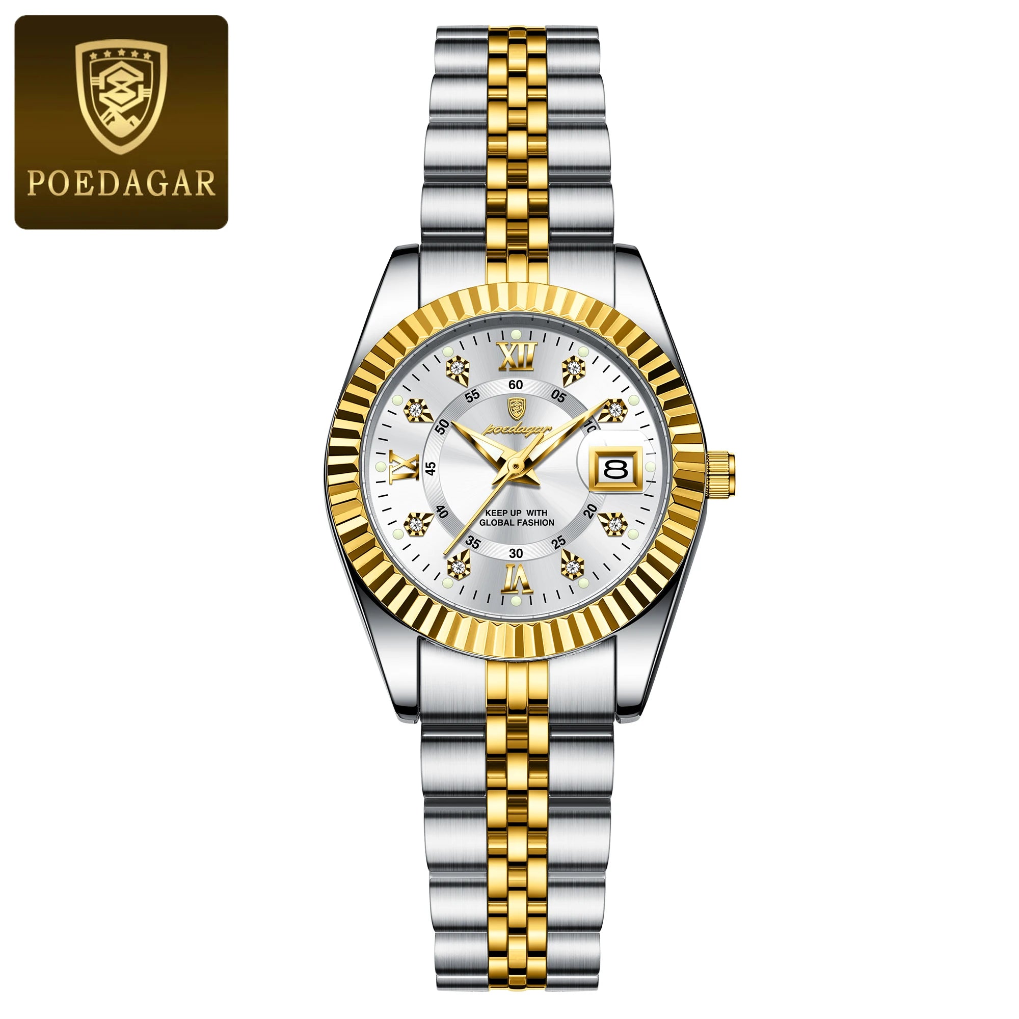 Montre habillée en acier inoxydable pour femme – Date et aiguilles luminescentes