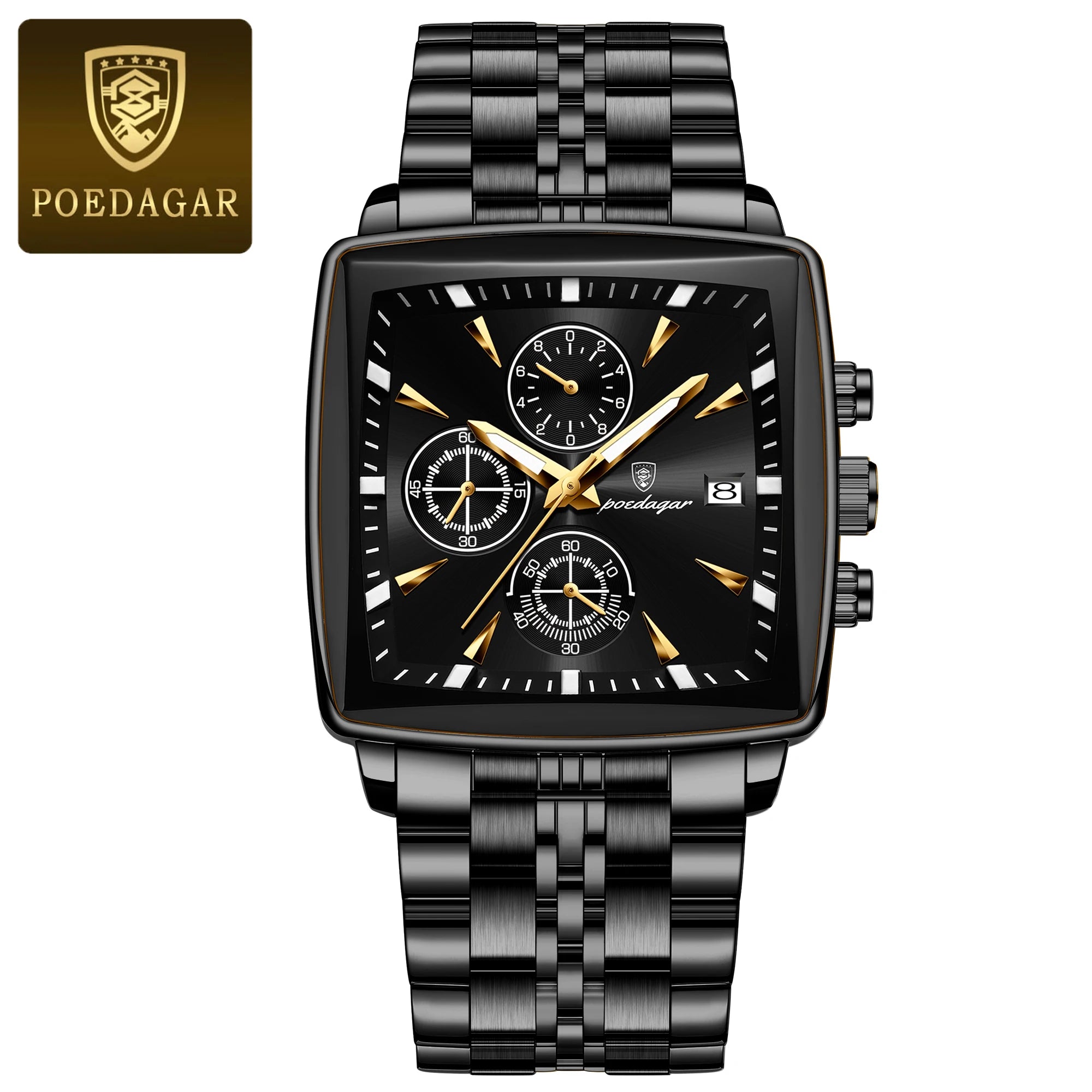 Montre Chronographe Carrée Lumineuse pour Homme en Acier Inoxydable