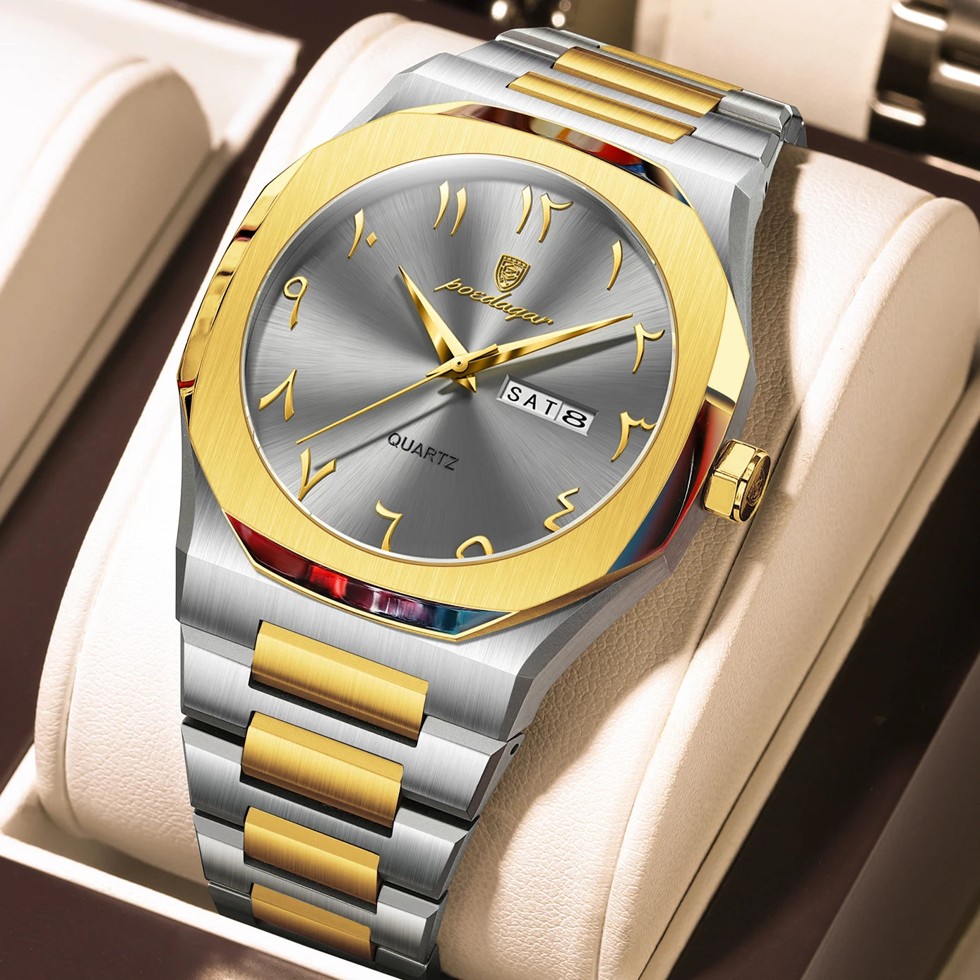 Montre militaire en acier inoxydable pour homme avec affichage du jour de la semaine