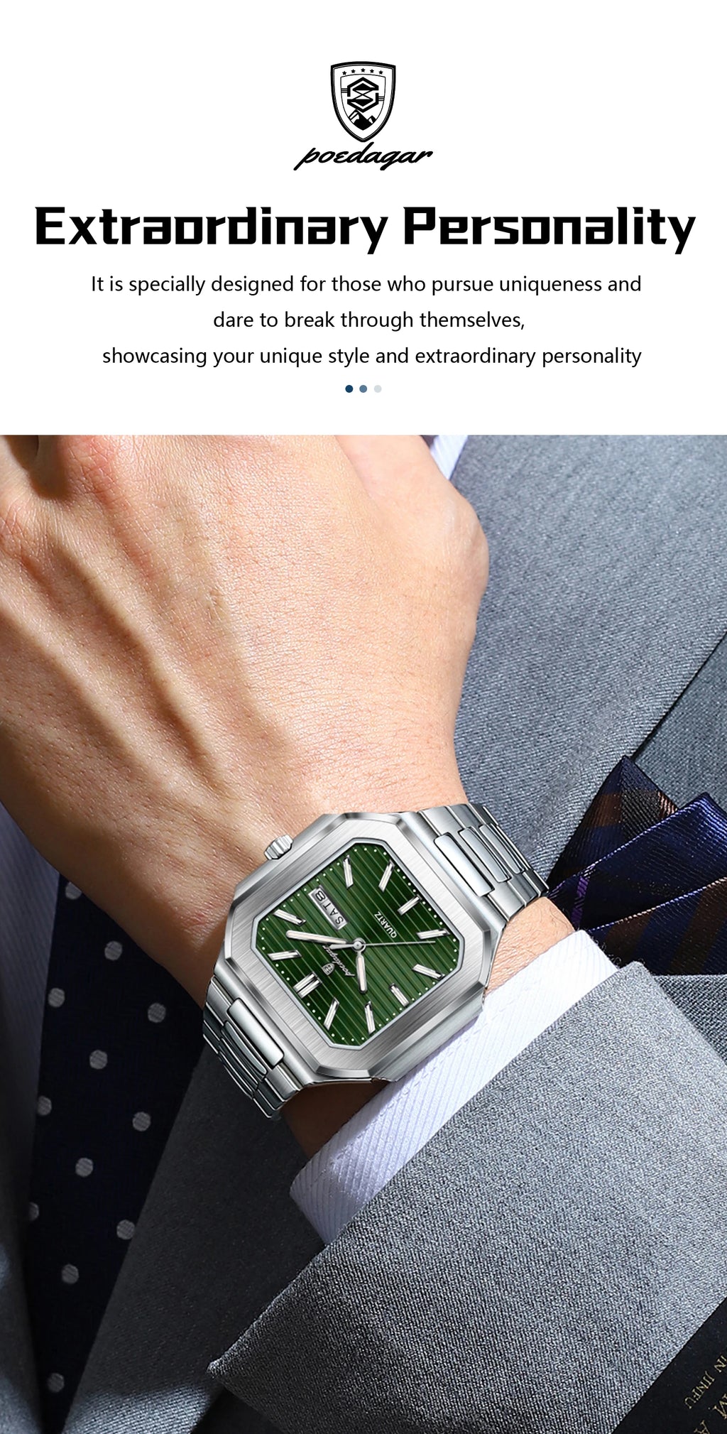 POEDAGAR Luxury Square Male Watch Waterproof Luminous Date Week Quartz Watches For Men Stainless Steel Fashion Men's Clock Reloj