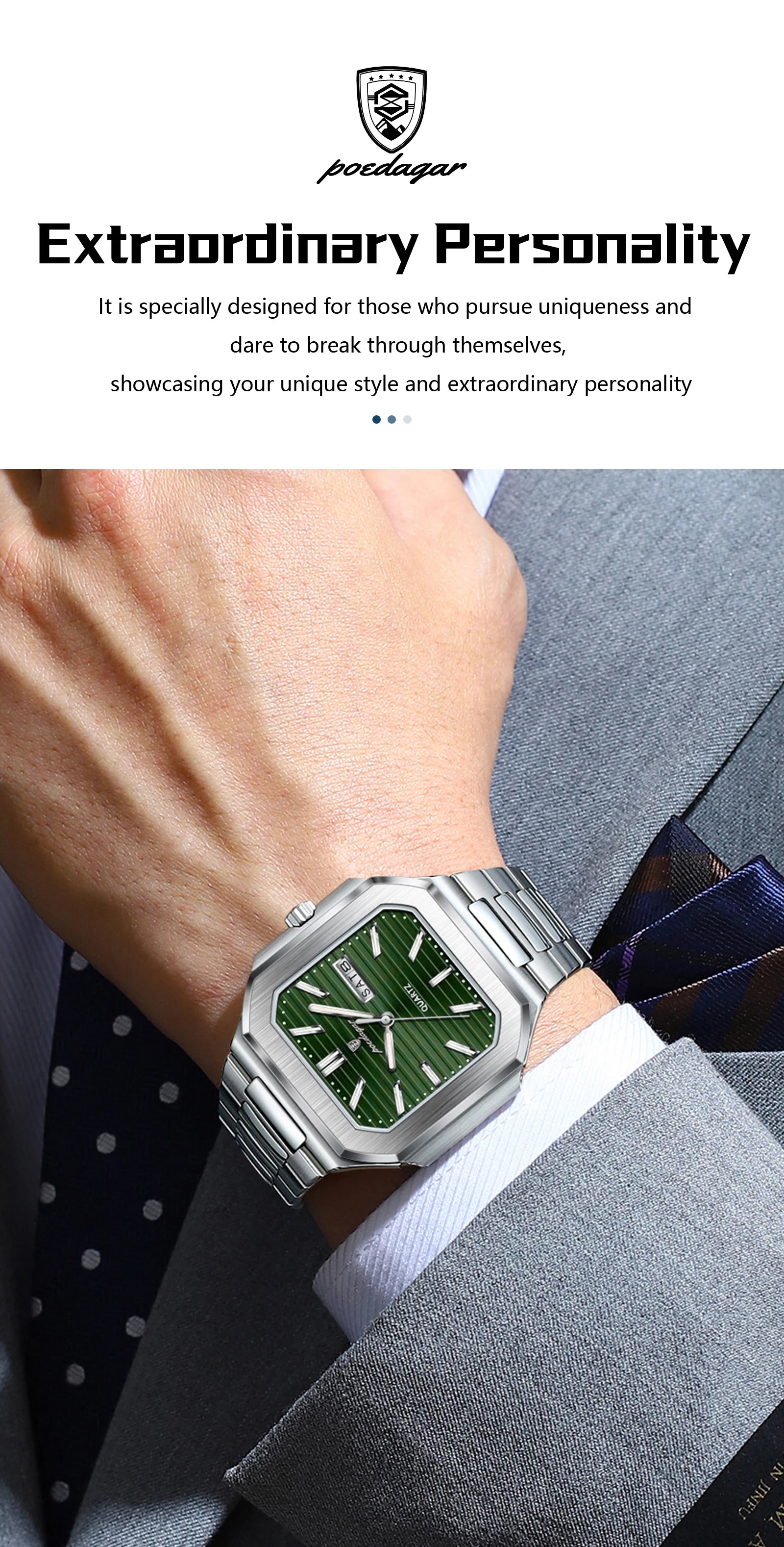POEDAGAR Luxury Square Male Watch Waterproof Luminous Date Week Quartz Watches For Men Stainless Steel Fashion Men's Clock Reloj