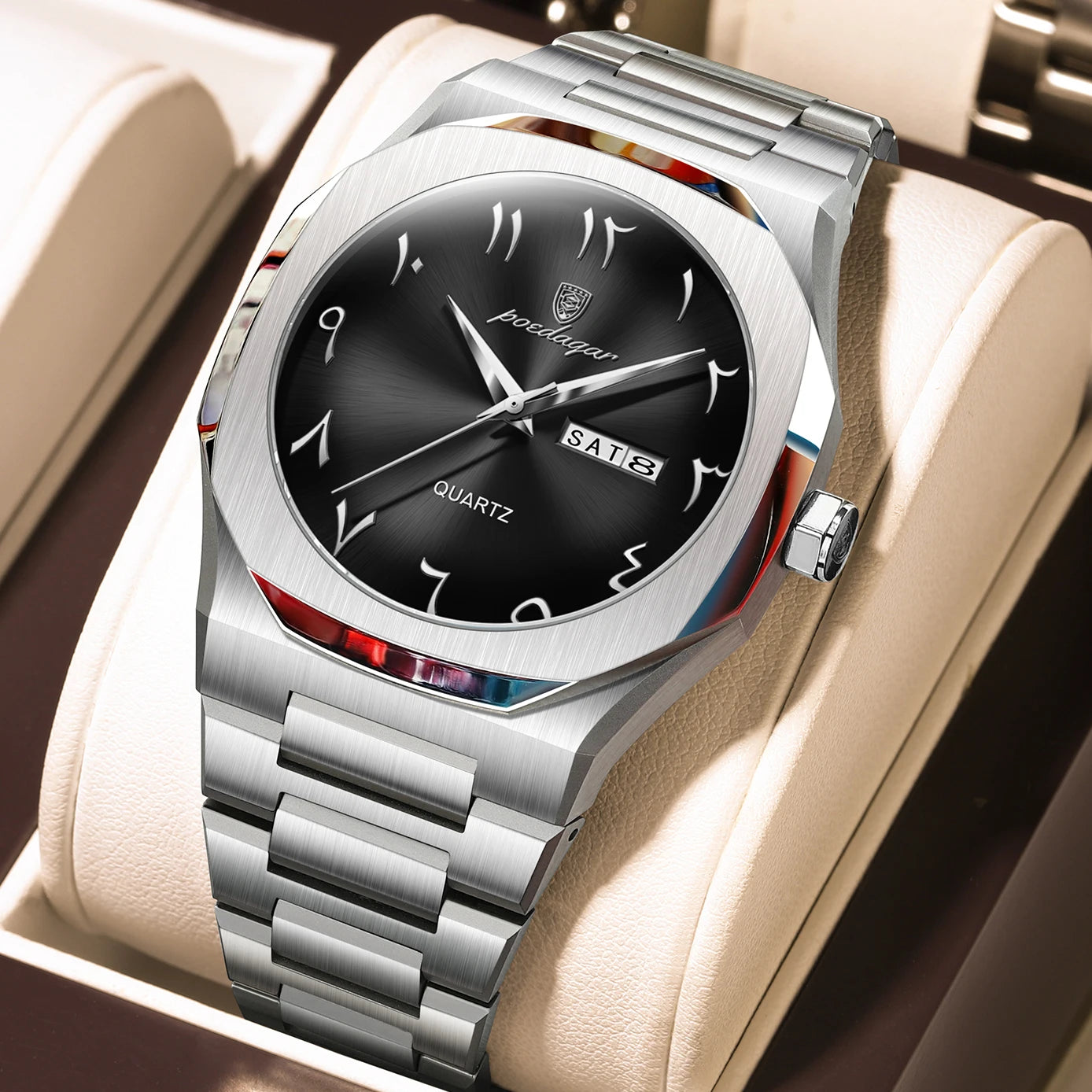 Montre militaire en acier inoxydable pour homme avec affichage du jour de la semaine