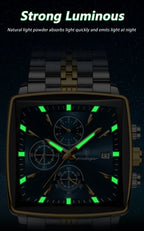Montre Chronographe Carrée Lumineuse pour Homme en Acier Inoxydable