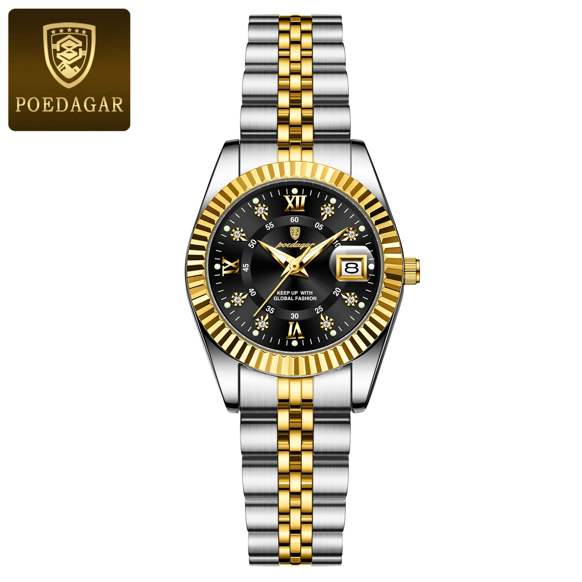 Montre habillée en acier inoxydable pour femme – Date et aiguilles luminescentes