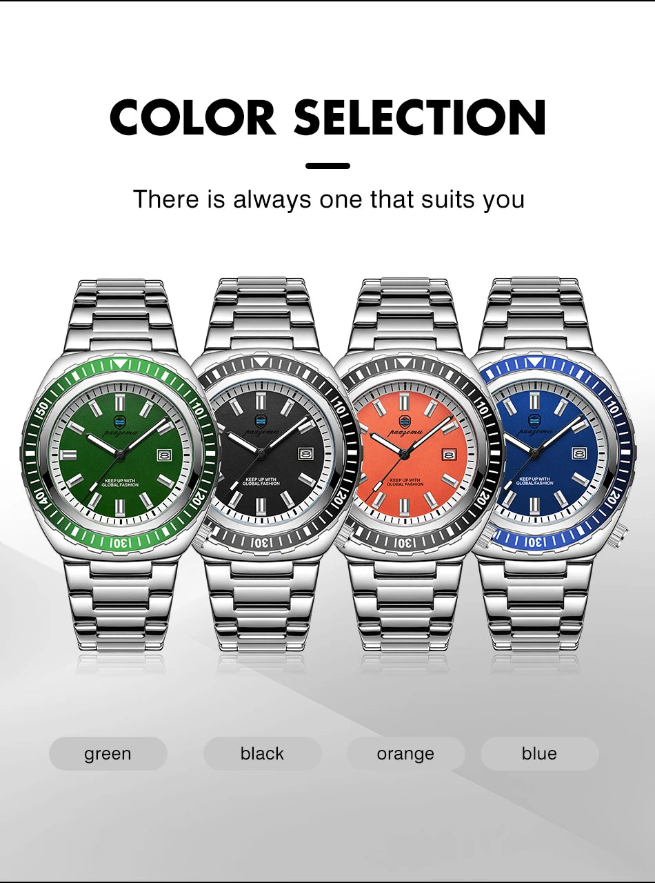 PAAZOMU Fashion Diving Watch Men's Stainless Steel Bracelet Blue Bezel Quartz Watch Calendar Luminous Hands Men's Watches Reloj