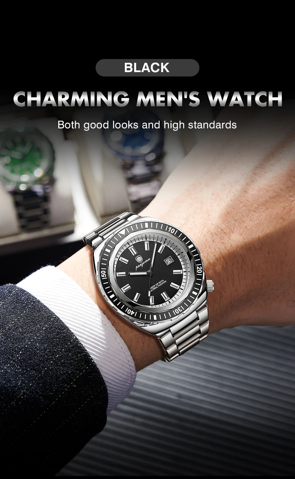 PAAZOMU Fashion Diving Watch Men's Stainless Steel Bracelet Blue Bezel Quartz Watch Calendar Luminous Hands Men's Watches Reloj