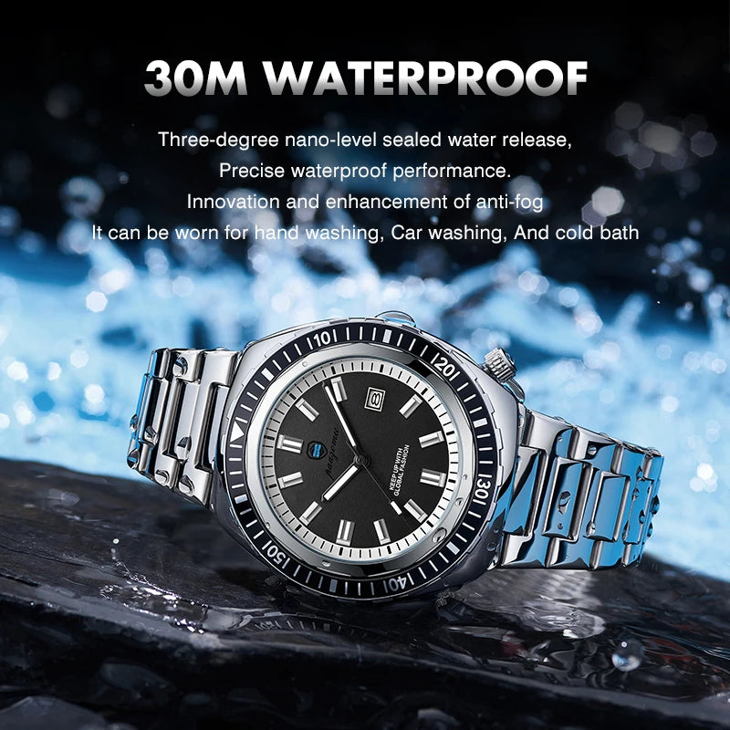 PAAZOMU Fashion Diving Watch Men's Stainless Steel Bracelet Blue Bezel Quartz Watch Calendar Luminous Hands Men's Watches Reloj